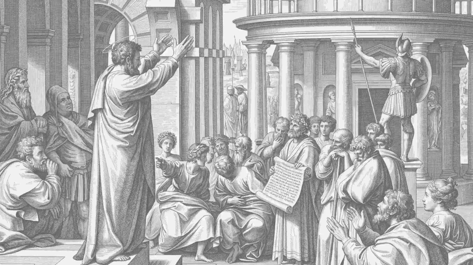 Engraving of Paul preaching to a crowd