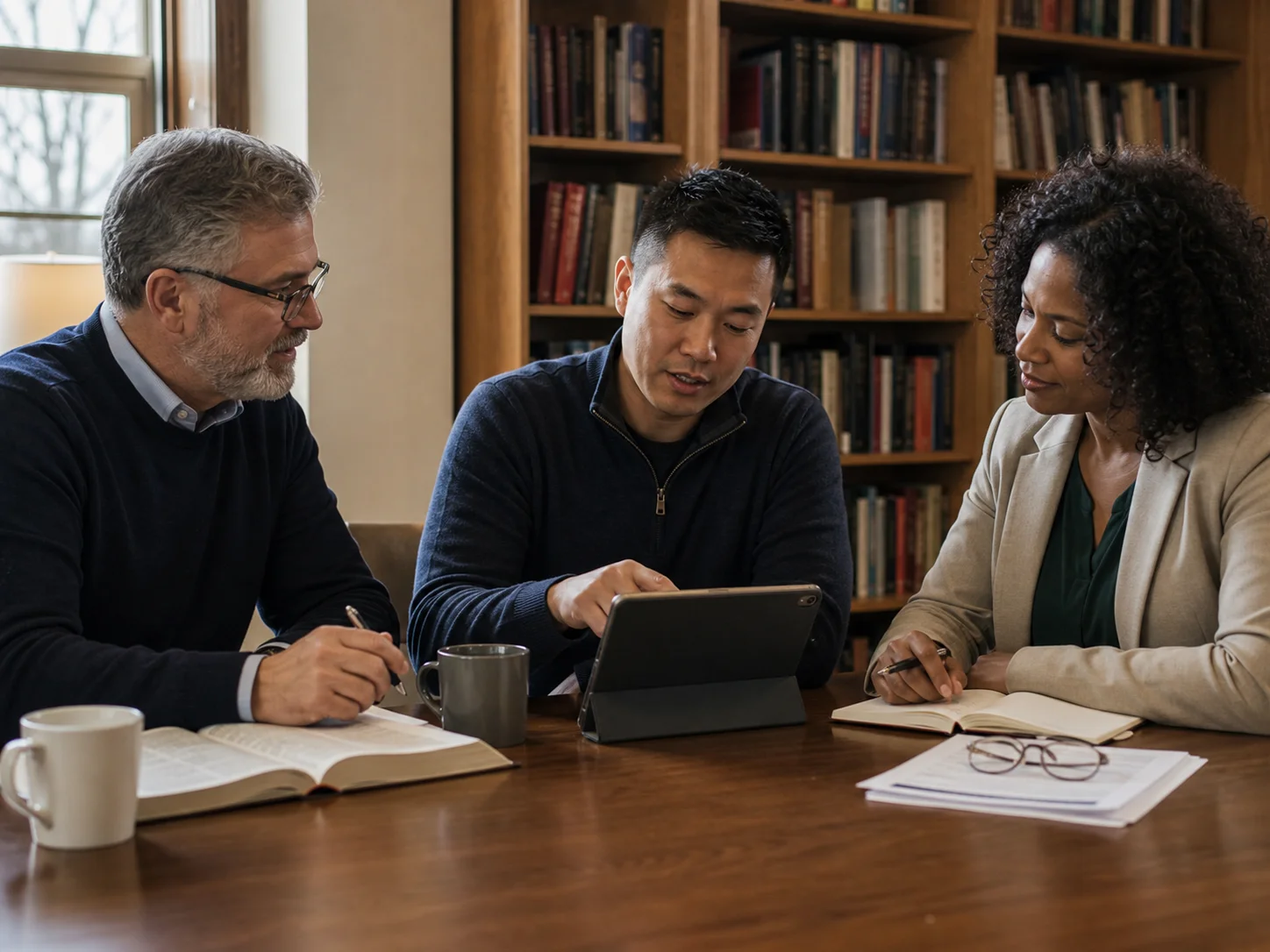 Three church leaders around a table with Bibles and a tablet open to a passage