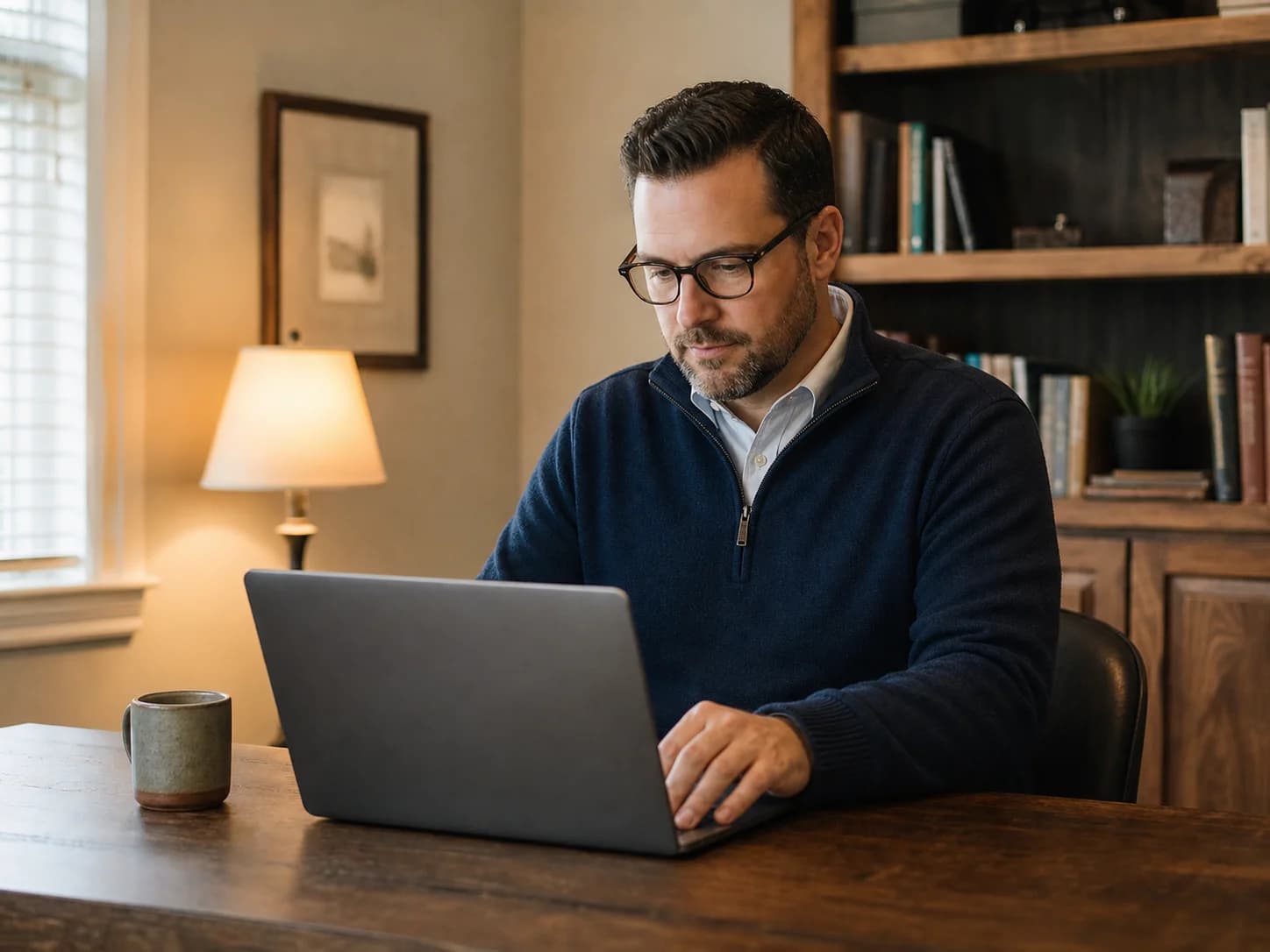A pastor studying at a laptop in a church office