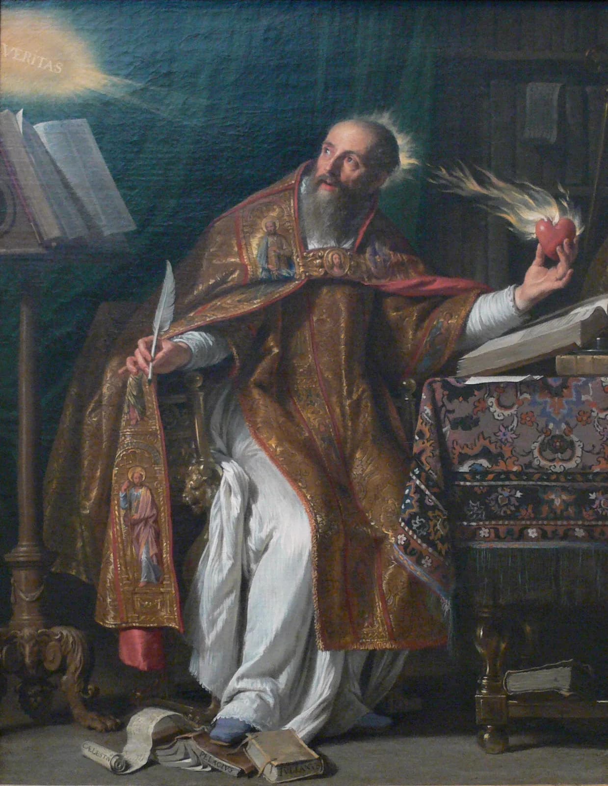 Saint Augustine holding a flaming heart and a book